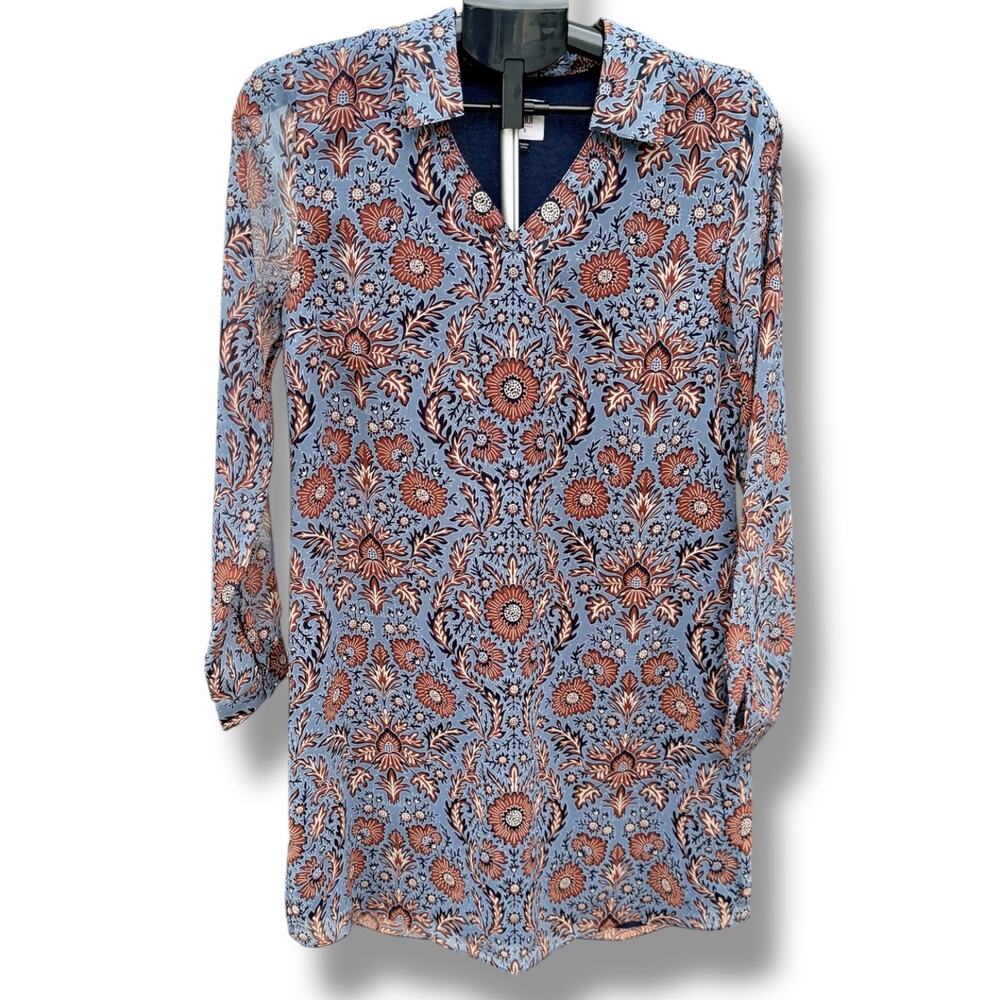 CAbi Provincial Paisley Dress #3295 Blue Rust Floral Boho Long Sleeve S